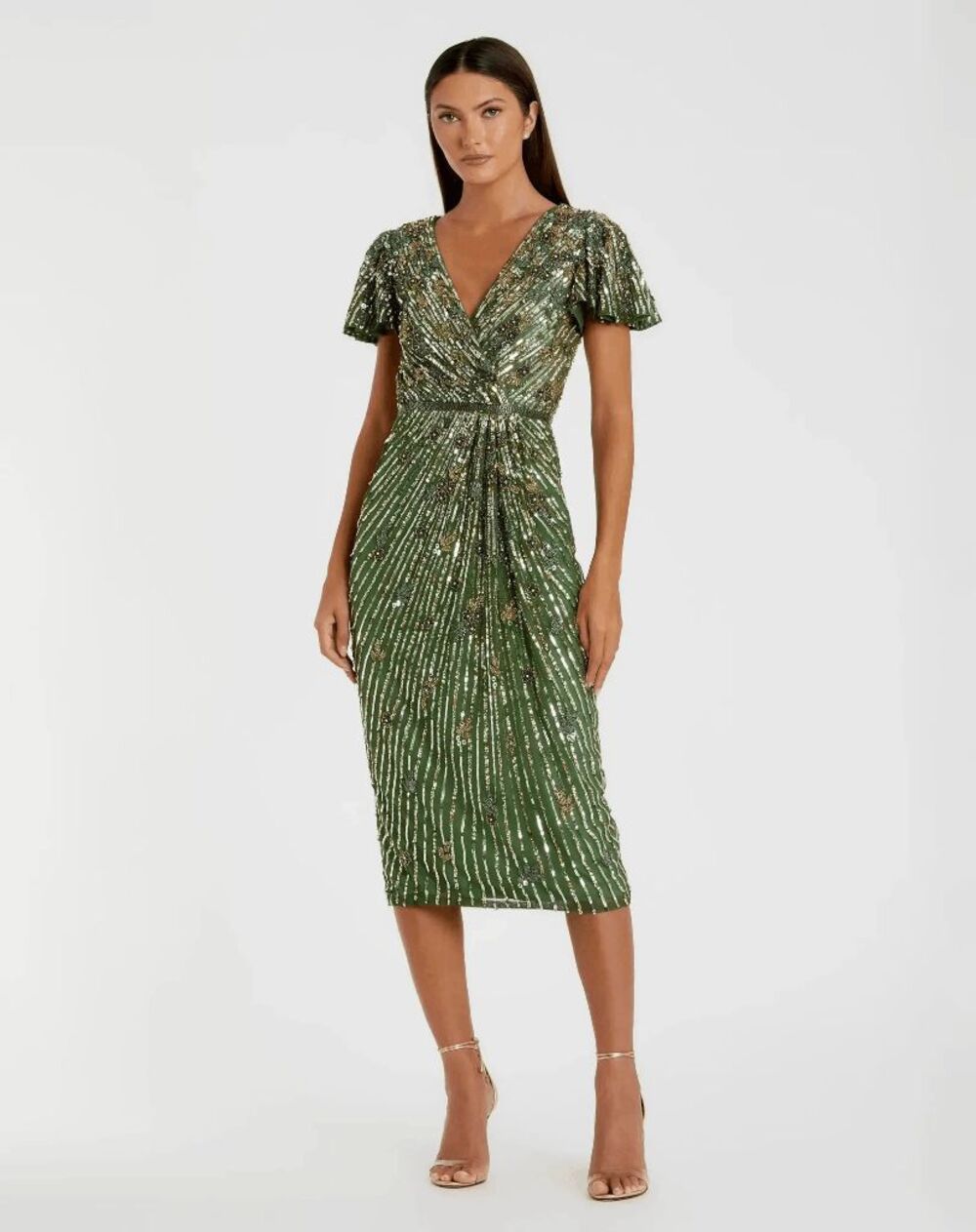Mac Duggal Green Embellished Faux Wrap Flutter Sleeve Dress in Sage US 16 $398